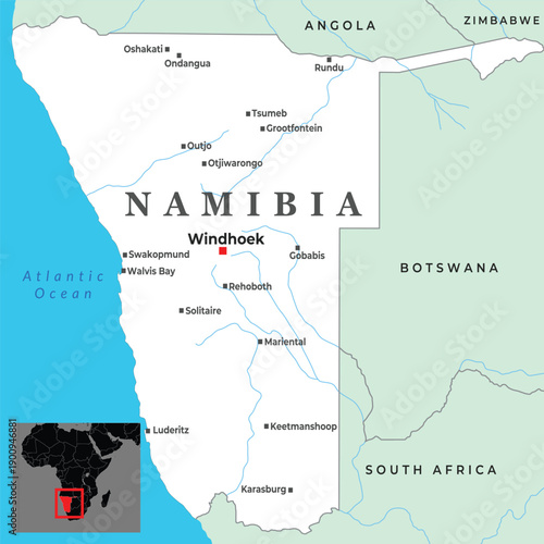 Political map of Namibia showing major cities borders and regional context within Africa