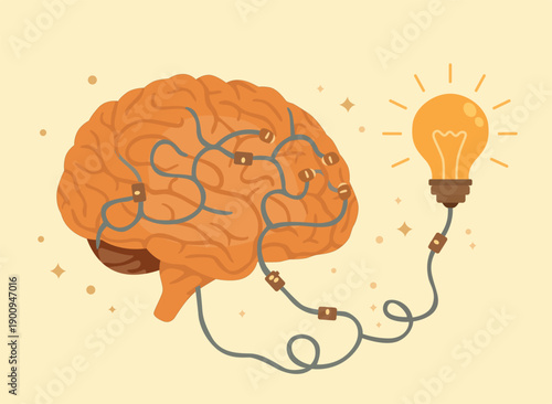 Brain connected to lightbulb with wires showing creativity and innovation