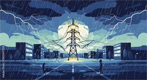 A striking illustration depicts a powerful electrical pylon illuminating a dark, rainy city street under a stormy sky with lightning.