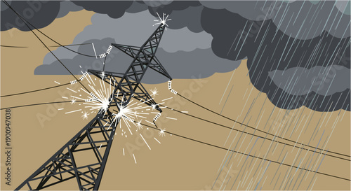 Dramatic illustration depicting a damaged power line pylon sparking during a severe thunderstorm, highlighting electrical hazards and infrastructure failure.