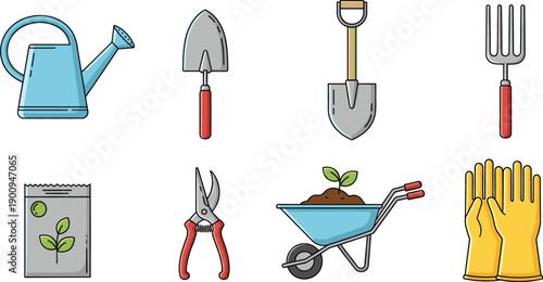 Flat vector illustration of gardening tools set featuring watering can, shovel, rake, pruning shears, wheelbarrow, seed packet, and yellow gloves for landscaping and horticulture.