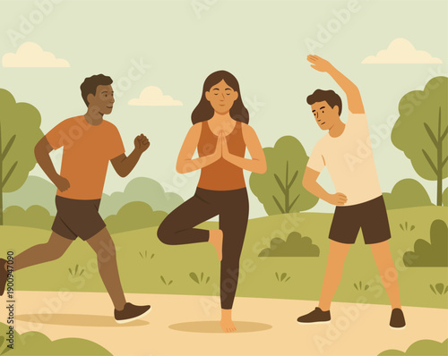 People jogging stretching and practicing yoga outdoors showing health fitness and wellness