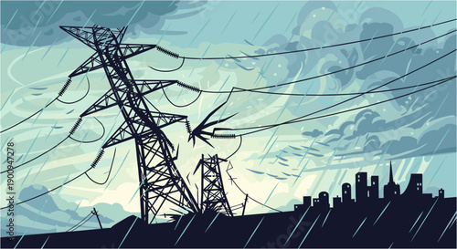 A dramatic illustration depicts a collapsing electricity pylon and damaged power lines during a severe storm, symbolizing infrastructure vulnerability and power outages.