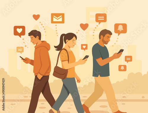 People walking with smartphones showing social media notifications and digital connectivity
