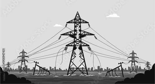 A stark, black and white illustration depicts a damaged electrical grid with broken power lines and fallen poles, symbolizing infrastructure collapse.