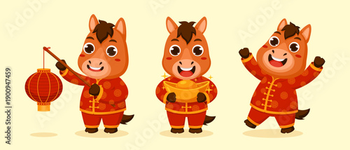 Cute Chinese New Year Horse Mascot Set Wearing Traditional Costume with Red Lantern, Gold Ingot and Celebration Pose, Flat Vector Illustration