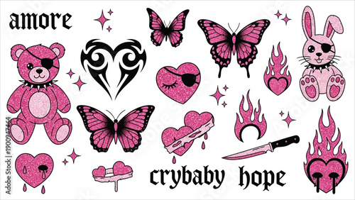 Y2K Emo Goth Sticker Vector Set. Trendy 2000s icons in pink and black, including butterflies, hearts, and flames