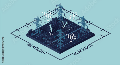 Isometric illustration depicting a power grid blackout with high voltage power lines, urban infrastructure, and wind symbols indicating disruption.