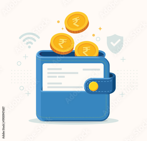 Digital wallet with rupee coins showing fintech payment security and transaction concept
