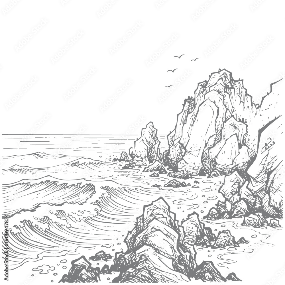 Obraz premium Hand-drawn Sketch of a Rugged Rocky Coastline with Crashing Ocean Waves