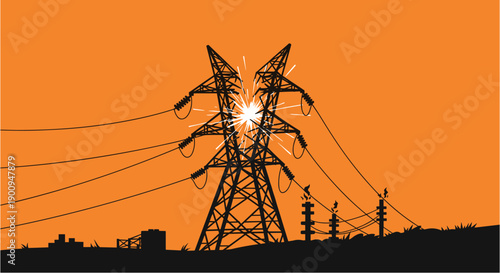 Dramatic silhouette of a high-voltage power line tower experiencing a dangerous electrical short circuit against an orange sky, symbolizing energy crisis and potential hazards.