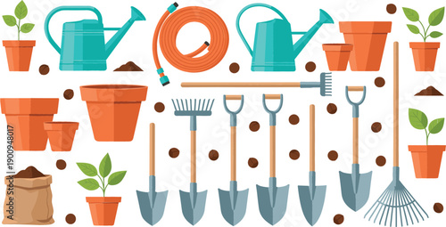 Collection of flat gardening tool vector icons featuring watering cans, shovels, rakes, terracotta pots, garden hose, soil, and green plants for landscaping concepts.