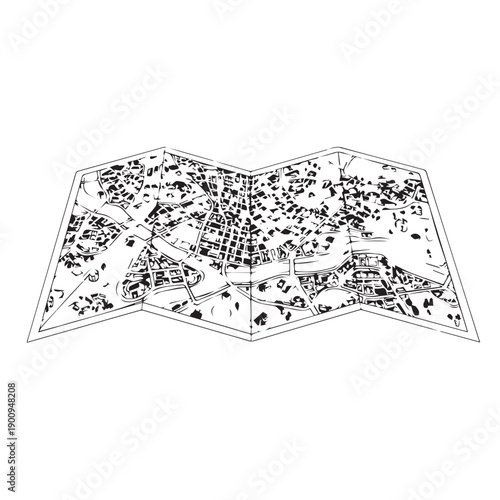 Intricate folded map illustration showing diverse regions and landscapes in a vintage hand-drawn style.