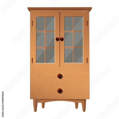 Wooden Cabinet with Glass Doors and Drawers Illustration