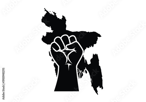 Revolution hand fist icon over bangladesh map silhouette for protest and freedom concept