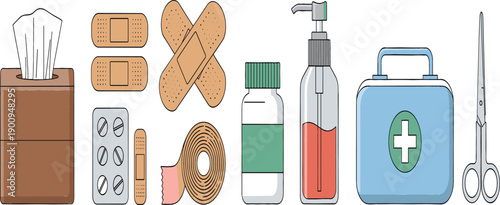 Flat medical first aid kit vector collection with bandages, pills, medicine bottle, antiseptic spray, tissue box, scissors, and emergency healthcare equipment icons.