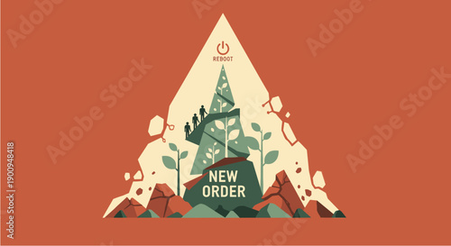 A striking graphic illustration depicts a stylized oil rig amidst a rocky landscape, symbolizing a "New Order" with a power button, suggesting themes of energy, industry, and environmental impact.