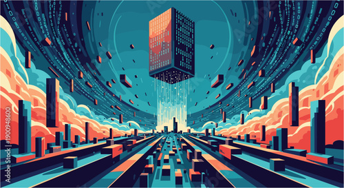 Dynamic digital landscape with a central data server, symbolizing the vast and interconnected world of modern technology and artificial intelligence.