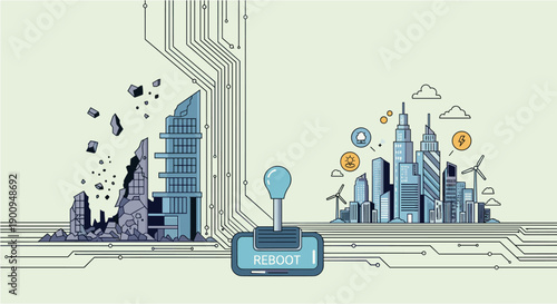 Conceptual illustration depicting the transformation of a decaying urban landscape into a vibrant, sustainable smart city through technological innovation and a 'reboot' mechanism.