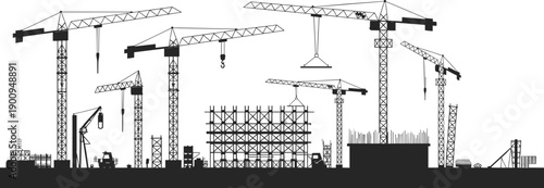 Construction site silhouette with tower cranes and building framework, urban development process, industrial engineering scene, black skyline illustration