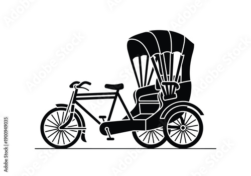 Rickshaw bicycle transport vehicle with passenger seating and canopy isolated on white background silhouette