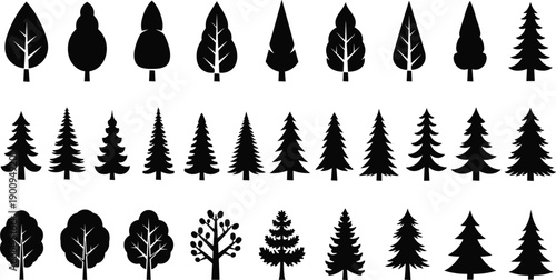 Black forest tree silhouettes collection with pine spruce and deciduous icons isolated on white background for nature landscape design and outdoor environment vector illustrations