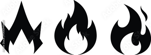 PrintCollection of flat fire flame icons and black minimalist bonfire symbols set for creative logo design, hot energy branding, and campfire web interface
