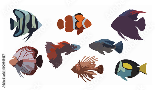 Colorful exotic aquarium fish vector set sea animals illustration isolated on white