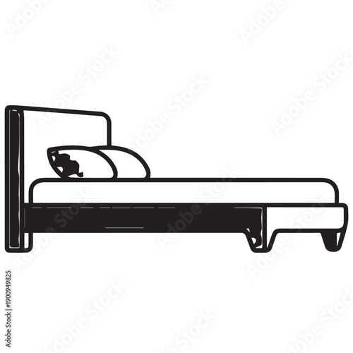 Minimalist black and white line drawing of a bed in a bedroom interior.