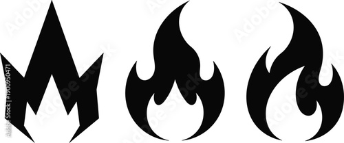 Set of three minimalist black fire flame icons and creative campfire silhouettes isolated on white background for burning logo design and hot energy concepts