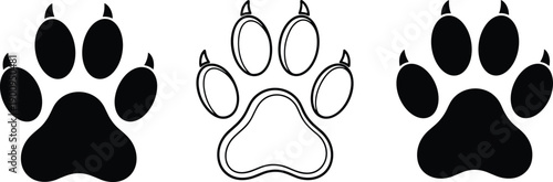 Black and white animal paw print icons set featuring solid silhouettes and outline styles with claws for dog cat bear or wolf track design.