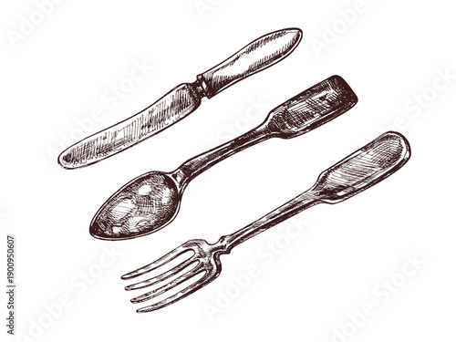 Hand drawn vintage sketch of fork, spoon and knife in monochrome retro style, isolated vector tableware illustration
