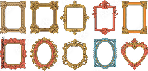 Collection of vintage ornate gold and pastel picture frames with baroque filigree borders for wedding invitations classical art galleries and decorative photography.