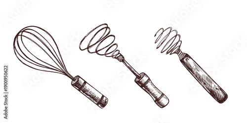 Hand drawn vintage sketch of different wire whisks for baking and cooking in monochrome, isolated vector illustration