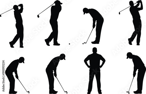 Set of Professional Golf Player Silhouettes Featuring Male Golfer Characters in Various Poses Including Swing, Setup, Putting, Backswing, and Follow Through Action Movements