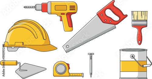 Professional construction and home renovation tool set featuring electric drill yellow hard hat handsaw paint can trowel and measuring tape in line art.