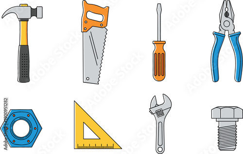 Professional construction hand tool set including hammer hand saw screwdriver pliers adjustable wrench square ruler nut and bolt in line art style.