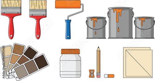 Professional home renovation and artist painting equipment set featuring paint brushes roller cans color palettes pencil and sharpener in flat line art style.