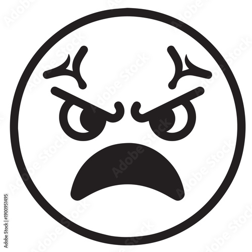 Angry circular face icon with furrowed brows and bold expression in black lines.