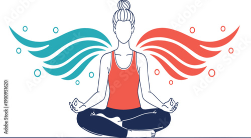 Young woman practicing yoga in meditation lotus pose with abstract colorful wings for wellness mindfulness mental health spiritual balance and zen lifestyle.