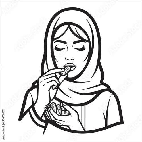 A woman wearing a hijab applies lipstick in a simple black and white illustration.