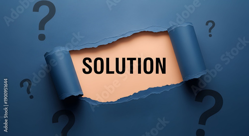 Torn paper revealing solution word on blue background with question marks
