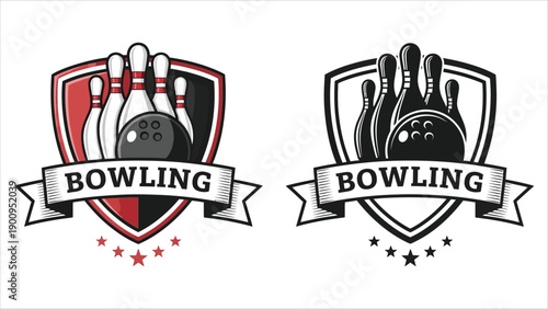  Bowling Logo and Badge Vector. Shield-style emblem for branding, sports teams, and recreational bowling designs..