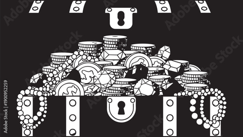 Illustration of a treasure chest overflowing with coins and jewelry in a bold lineart style.