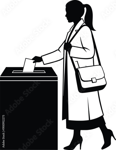 Side view silhouette of a professional woman in a coat casting her ballot into a voting box for democratic elections.