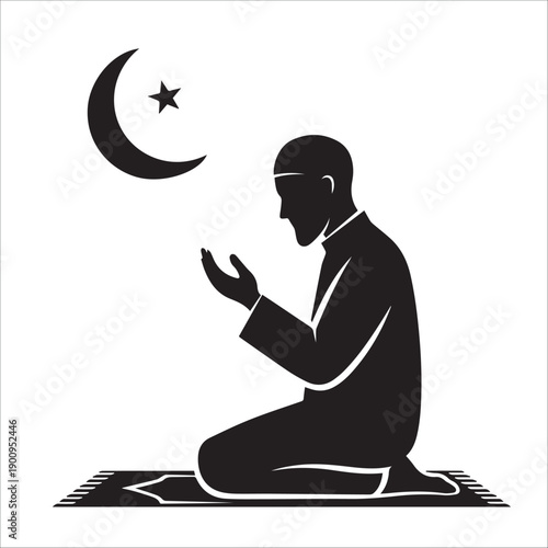 A man in prayer, kneeling on a mat with a crescent moon and star above him.