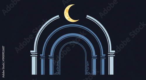 Archway with Crescent Moon at Night, Blue Gradient Columns, Dark Background and Vector Illustration