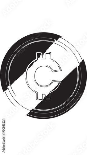 Circular monochrome gear emblem with abstract split design and central cog symbol.