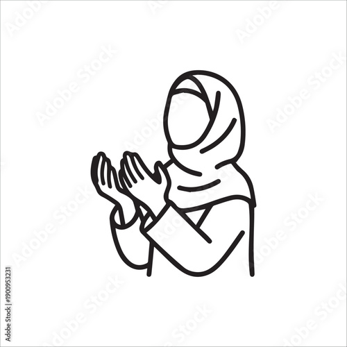 A woman wearing a hijab is depicted in a simple line drawing with her hands clasped together in prayer.