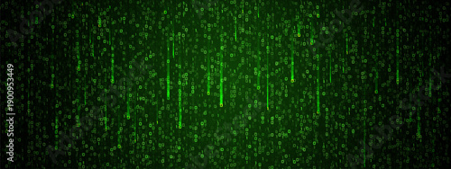 Green matrix code streams down dark screen, creating digital rain effect with binary numbers and cyber data visualization for technology background. Tech vector bg